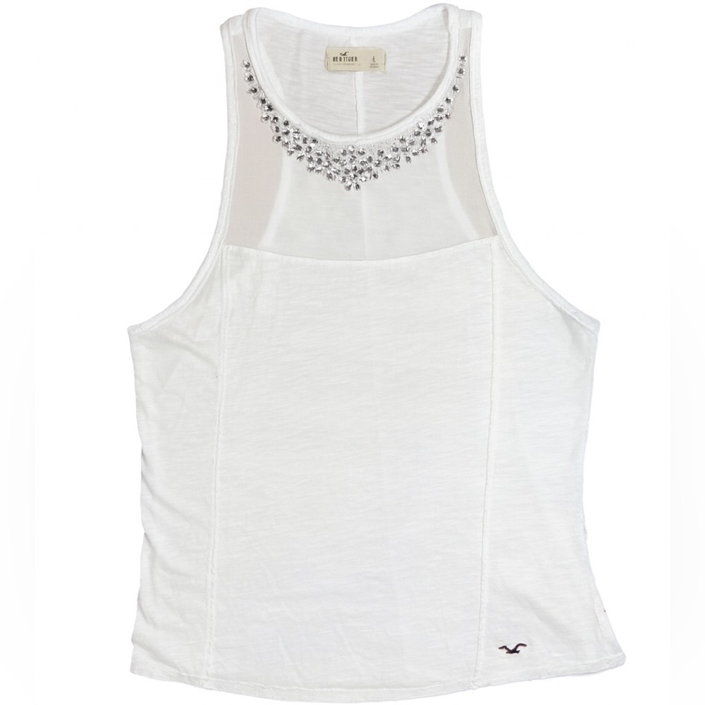 ✨ Hollister White Embellished Mesh Tank Top Size L